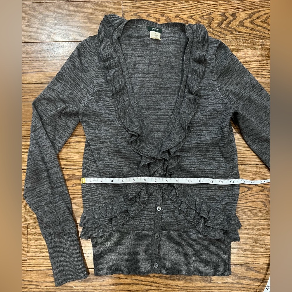 J.Crew women’s merino wool fitted gray cardigan with flutter trim front accent